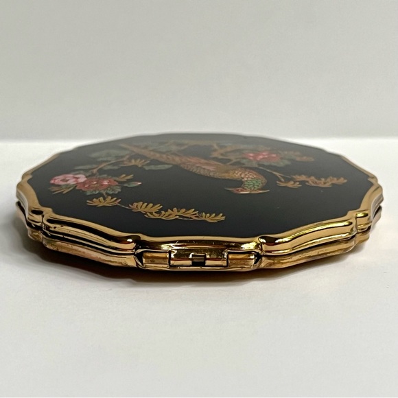 1950s VTG Stratton England Compact Mirror w/ Peacock + Flowers on Black Enamel - Picture 12 of 14